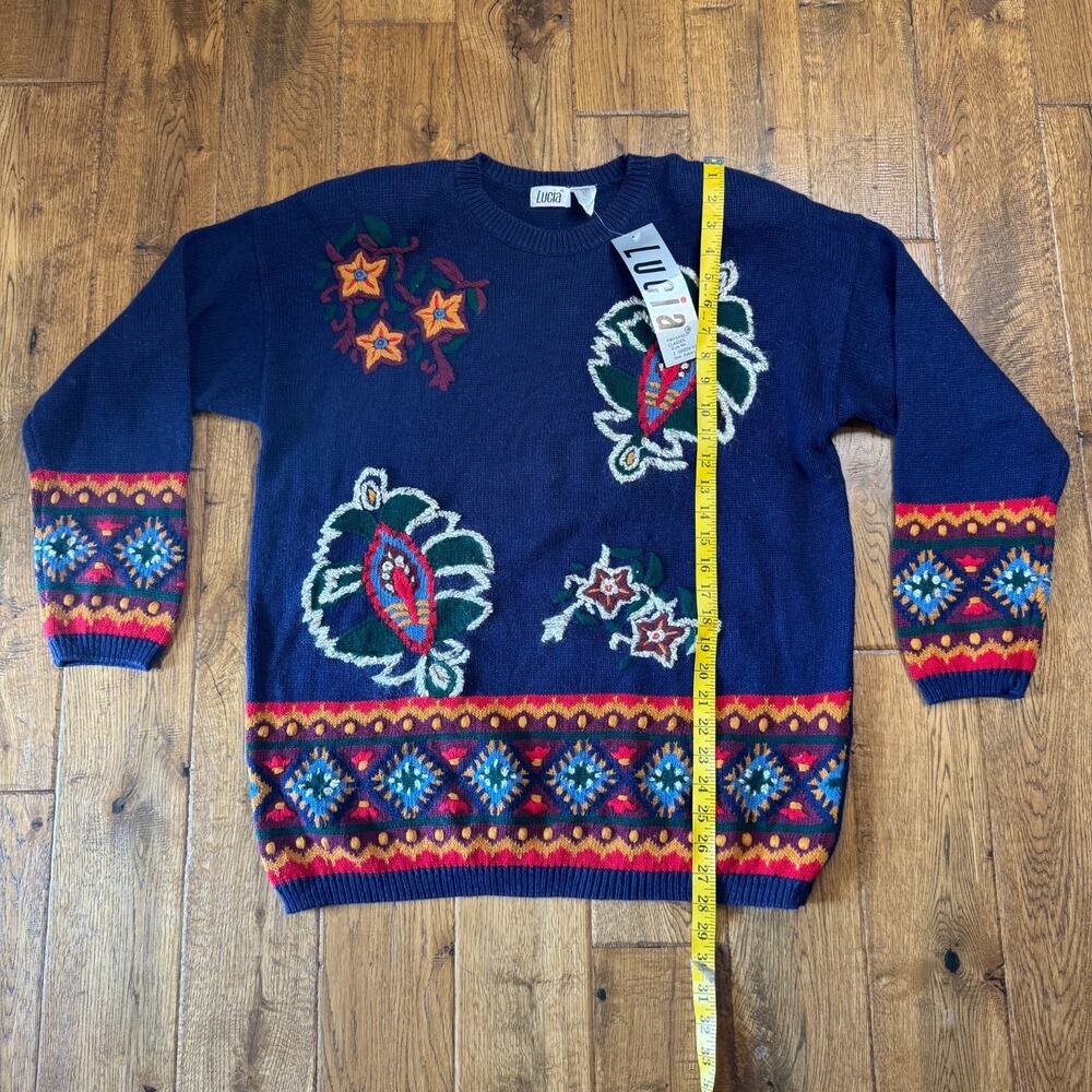 90’s Vintage Lucia Women’s XL Sweater Floral Hand Knitted Geo Tribal Festive - Picture 2 of 5